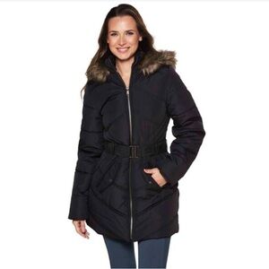 Womens Maralyn & Me Long Puffer Jacket with Belt & Faux Fur Trim, coat XS black